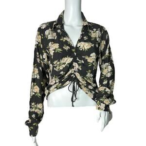 Oak + Fort Shirt Womens Medium Black Cream Floral Flowers Ruched Tie Front Bloom